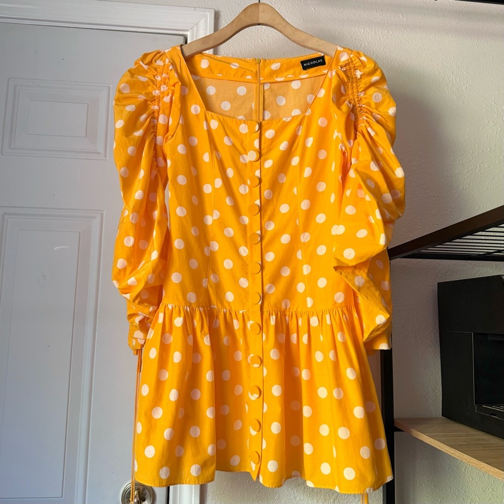 NICHOLAS mustard yellow polka dot square neck puff ruched long sleeve mini dress